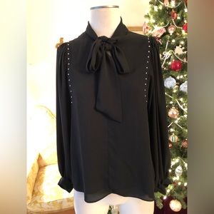 Vince Camuto NWOT puff shoulder sheer sleeves embellished tie neck top size S